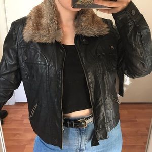 Faux Fur Trim Faux Leather Jacket